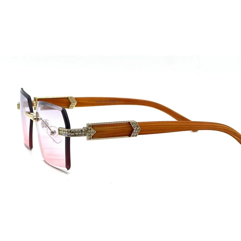 Rimless Sunglasses Women‎ Men Wood Grain Frame Rhinestone Shades Vintage Luxury